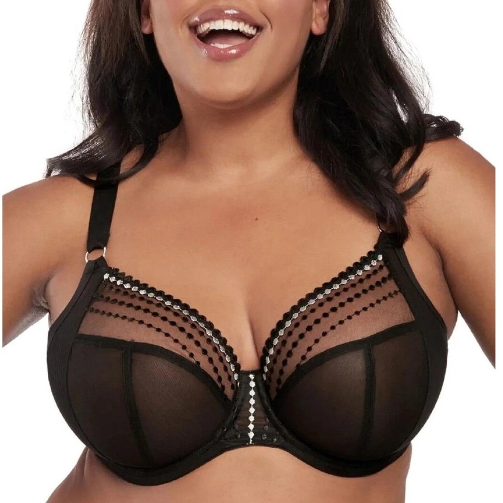 Elomi Matilda Full Figure Underwire Plunge Bra Size 36L Black Mesh EL8900